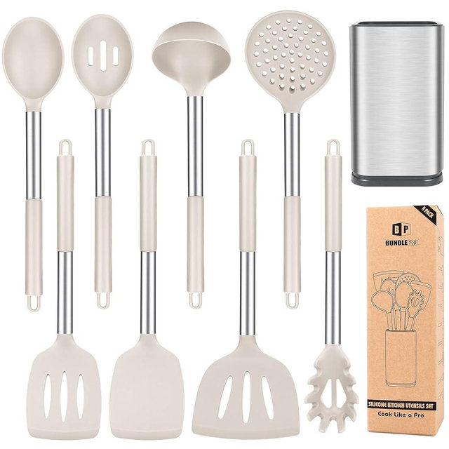 Silicone Cooking Utensil Set, 8Pcs Non-stick Cookwares with Stainless Steel Handle, BPA Free Heat Resistant Kitchen Tools with Spatulas, Turners, Spoons, Skimmer and Pasta Fork (KHAKI)