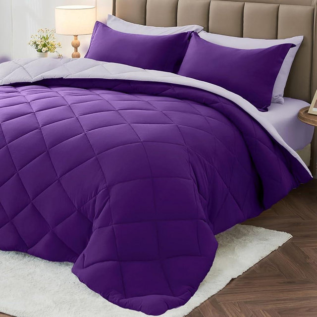 MUXHOMO 7 Pieces Queen Comforter Set, Reversible Bed in a Bag Queen Size, All Season Bedding Set with Comforter, Flat Sheet, Fitted Sheet, Pillowcases & Shams, Purple & Lavender