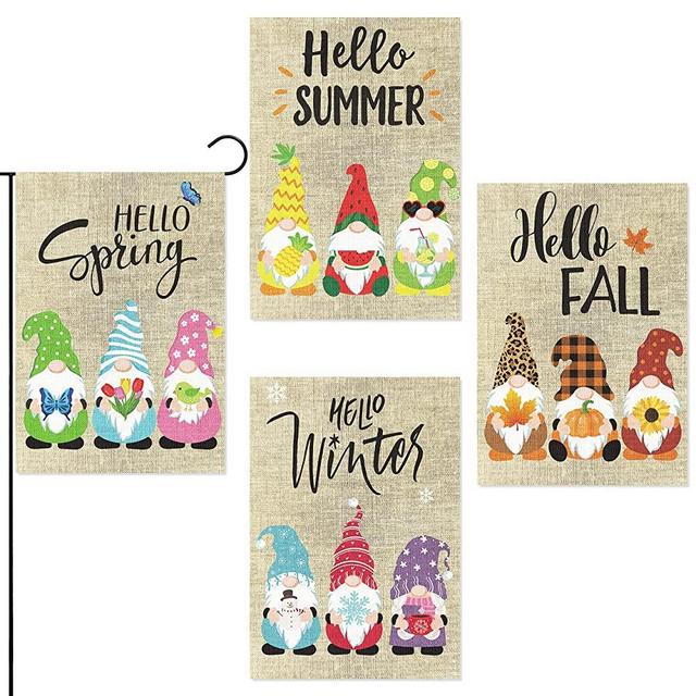 WATINC 4Pcs Seasonal Gnomes Garden Flags Set Hello Spring Summer Fall Winter Colorful Party Decoration Supplies Double Sided Burlap House Flag for Home Indoor Outdoor Yard Lawn 12.6 x 18.1 Inch