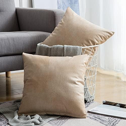 MIULEE Pack of 2 Decorative Faux Leather Modern Pillow Cover Square Luxury Cushion Case Durable Throw Pillow Cover Shell for Couch Sofa Bed Living Room 18x18 Inch Khaki