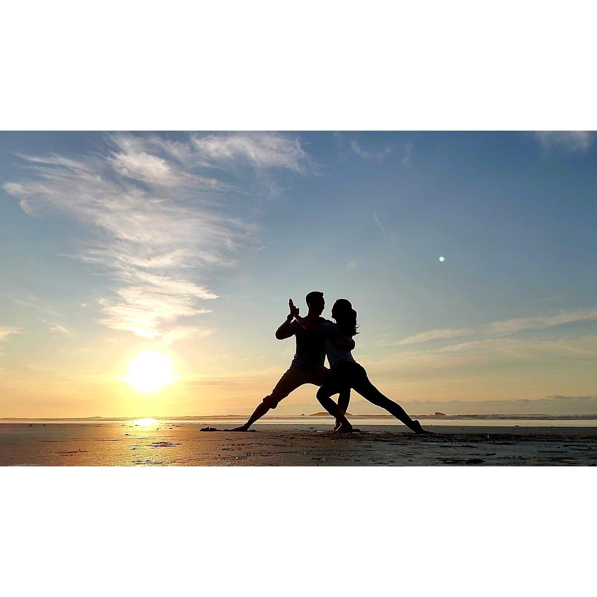 One of our first adventure dance pose pictures at Kalaloch Bay