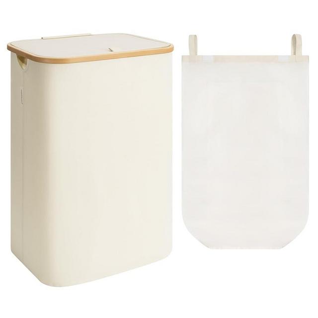 StorageWorks 100L Large Laundry Hamper with Lid, Tall Laundry Basket with Bamboo Handles and Removable Inner Bag, Collapsible Laundry Hamper for Clothing, Towels, Beige, 1-Pack