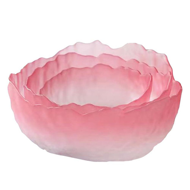 Set of 3 Glass Salad Bowl, Fruit Bowl Lotus Flower Shape, Serving Bowl Dish Plate for Decorative Home, Kitchen, Mixing, Candy, Nut, Snack, Dessert, Ice Cream (Crystal Gradient Pink, Set of 3 (L,M,S))