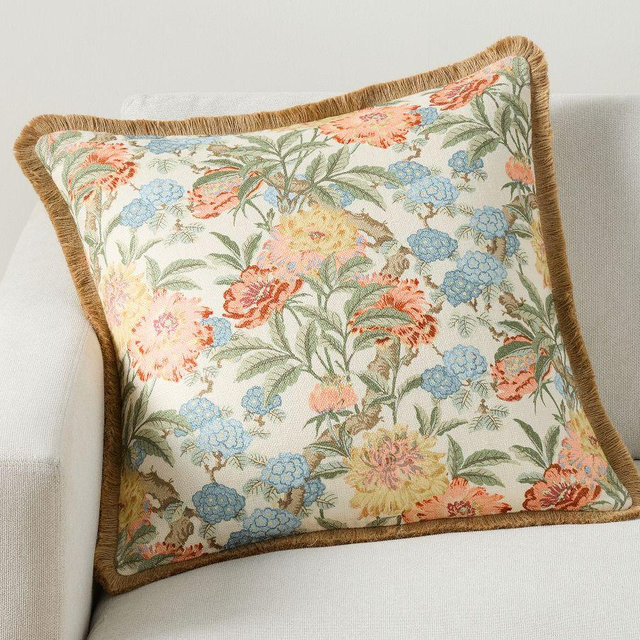 Kravet Garden Floral Ikat Pillow Cover With Fringe, 22", Multi