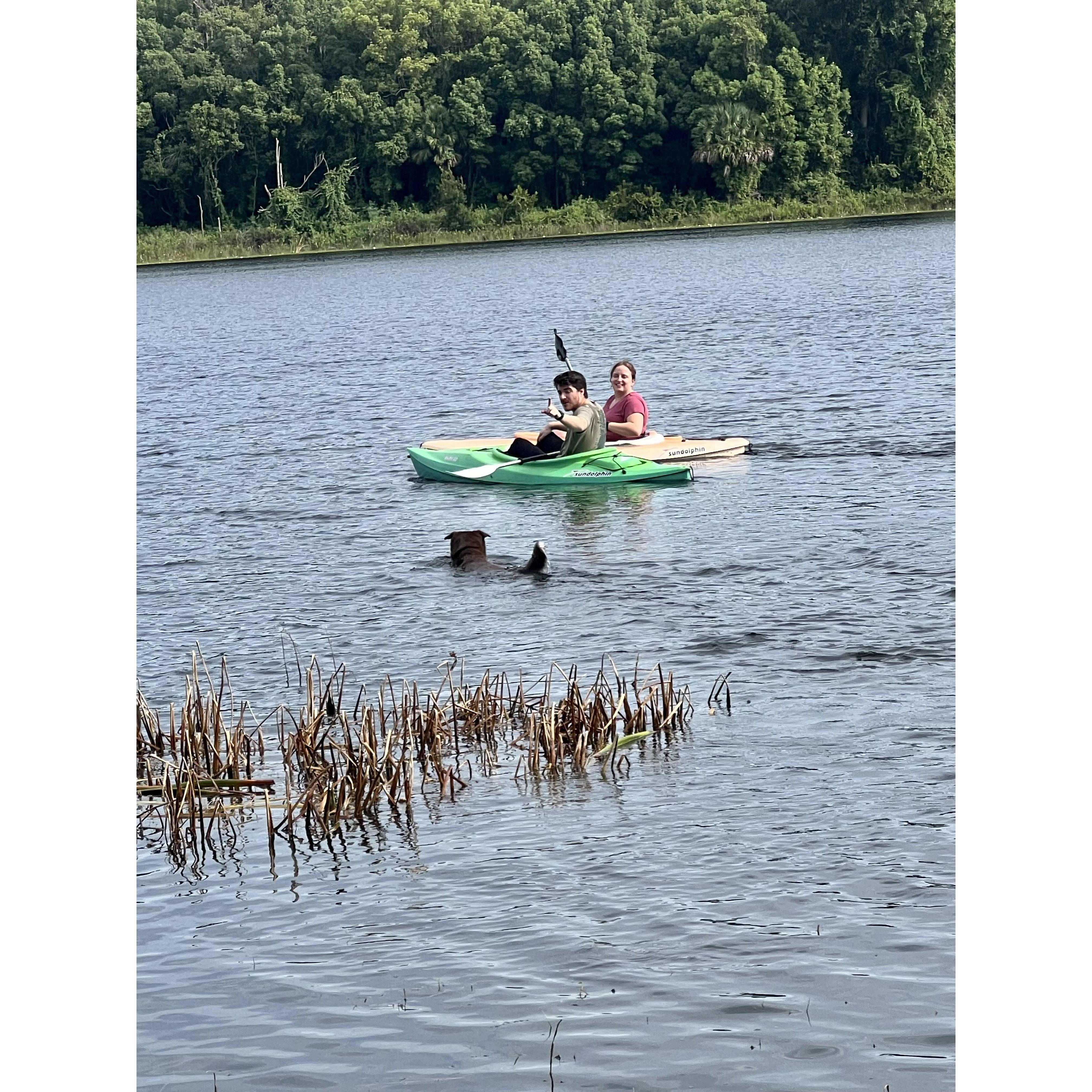 Oliver chasing us on the kayak
