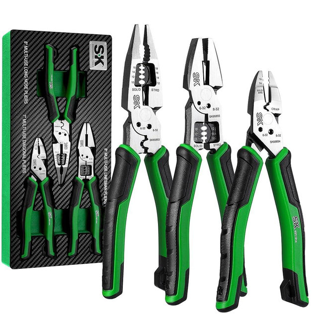 SK 3-Piece Multi-use Pliers Set, 7-Inch Diagonal Plier, 8-Inch Noodle Nose and Linesman Pliers, CR-V Construction, Anti-slip Handle, with EVA Foam Tool Organizer