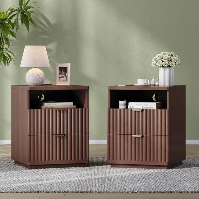 XinLiLai Night Stand Set 2, Nightstand with Charging Station Bedside Table, Morden Fluted Bed Side End Table with 2 Drawers, Wood Small Nightstand for Bedroom Living Room (2, Walmut)