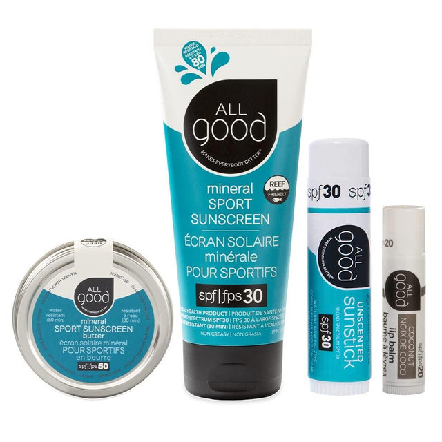 All Good Mineral Sun Care Set - Sport Sunscreen Lotion, Zinc Butter, Face/Nose/Ear Sunstick, Coconut SPF Lip Balm - Water Resistant & Coral Reef Friendly