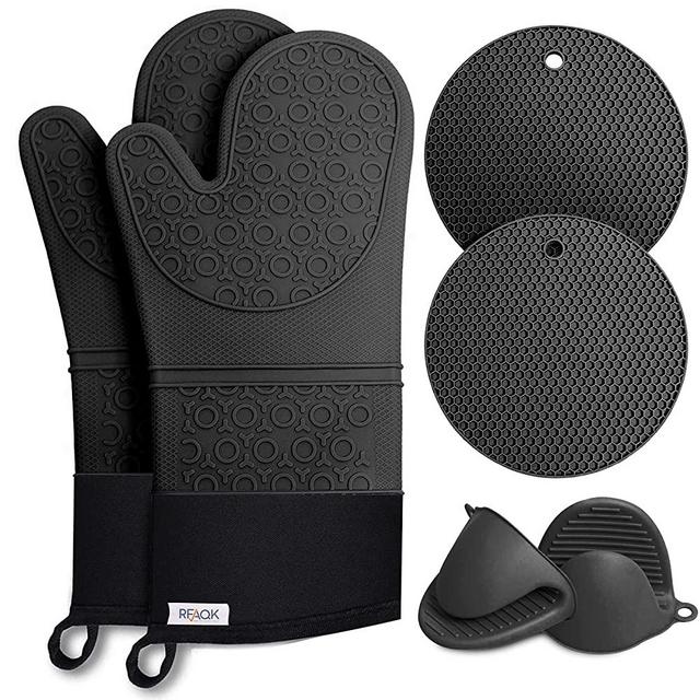 Oven Mitts and Pot Holders Sets-Silicone Oven Mitts Heat Resistant & Quilted Inner Soft Liner-Mini Oven Mittens and hot Pads-Food Safe Baking Gloves for Cooking, Grill and BBQ in Black (6 PCS)