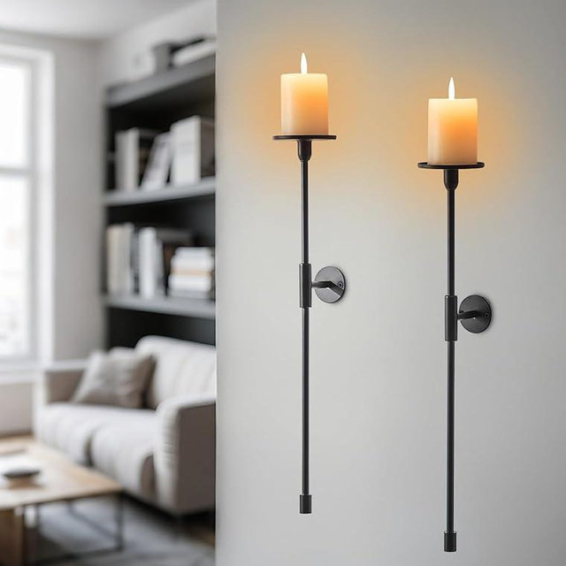 Sziqiqi Wall Candle Holder Black: Metal Candle Sconces for Pillar Candlestick Modern Wall Mount Candleholders Set of 2 - Long Candlestick Sconce Decor for Living Room Bedroom Bathroom Fireplace