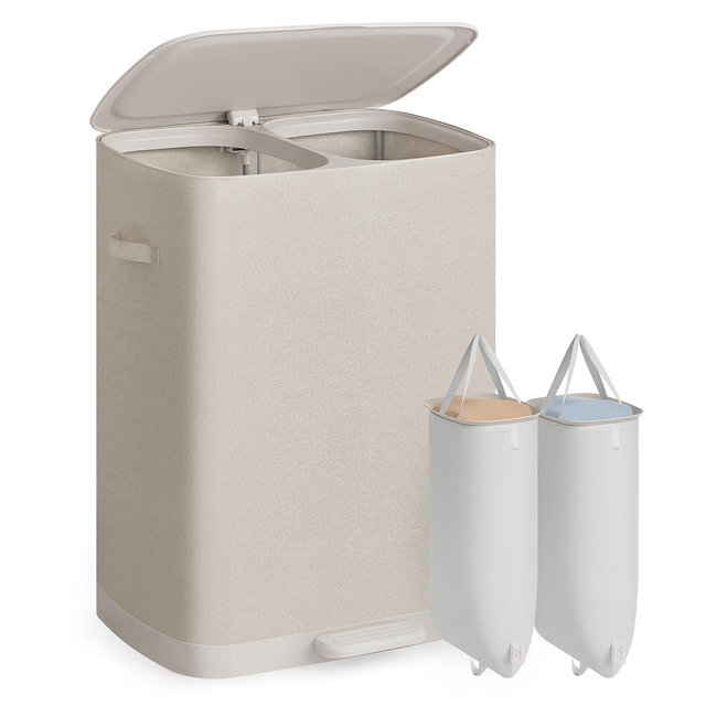 SONGMICS Laundry Basket with Lid, 42.2 Gallons, 2-Compartment Laundry Hamper with Handle and Pedal, Removable Liner, Easy Assembly, 22 x 18.5 x 29.5 Inches, Cappuccino Beige ULCB832L101