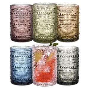 Colored Hobnail Drinking Glasses Set of 6, 15 oz Vintage Highball Glasses, Drinkware Kitchen Glasses for Cocktail, Iced Coffee, Beer, Ice Tea, Wine, Whiskey, Water