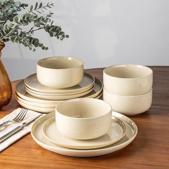 TheTerra Ceramic Dinnerware Sets for 4, 12 Pieces Handmade Reactive Glaze Plates and Bowls Set, Scratch Resistant Dish Set, Oven & Microwave & Dishwasher Safe