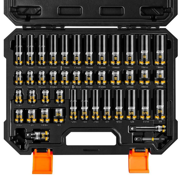 BOEN Pro 3/8" Drive Impact Socket Set, 43-Piece SAE(5/16"-3/4") & Metric(8-19mm) set, 6-Point Deep & Shallow Kit with Deep Embossed and Painted Marking, CR-MO, Includes Extension Bar, Universal Joint