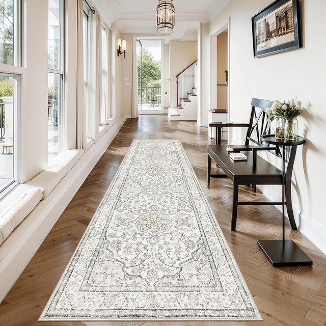 Lahome Oriental Runners for Hallways, 2.5x10 Washable Beige Kitchen Runner Non Skid Long Entryway Rug, Ultra-Thin Soft Indoor Boho Rug Traditional Carpet for Laundry Living Room