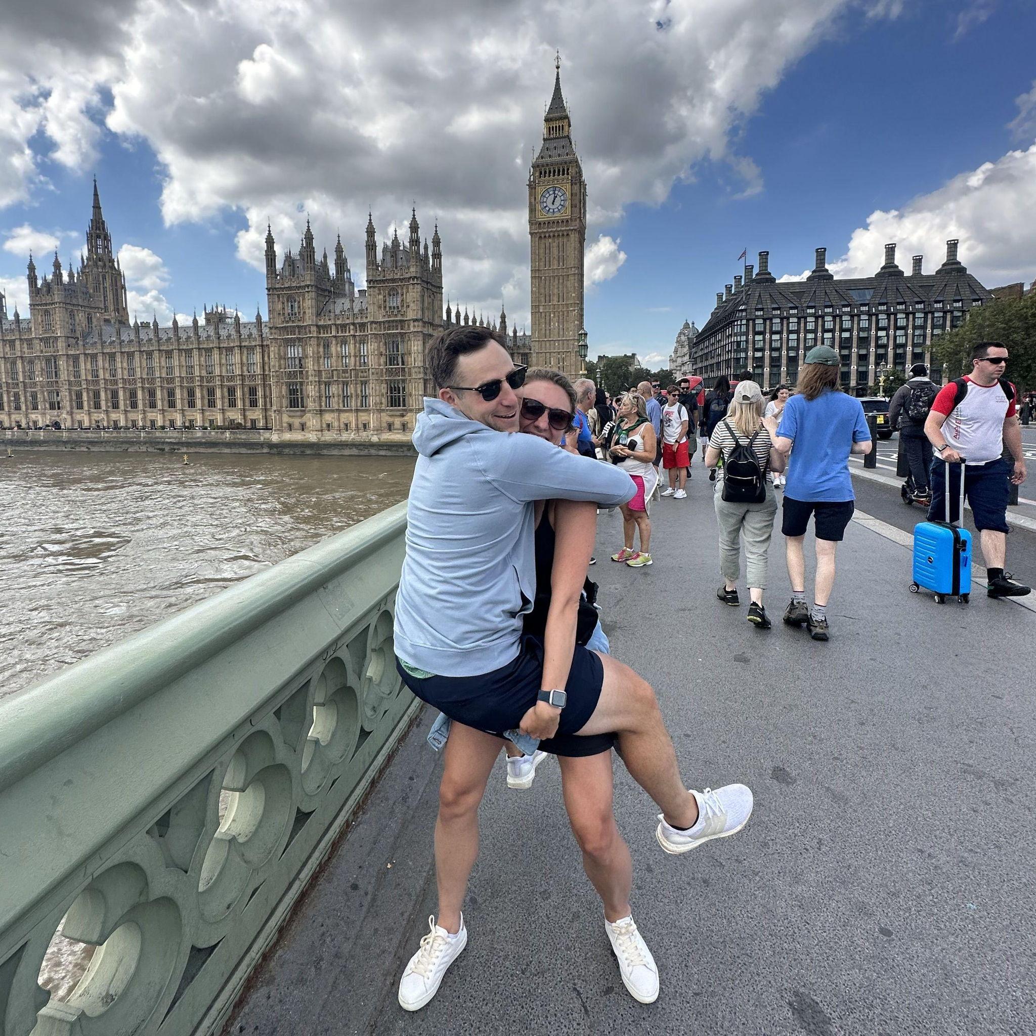 Running on fumes after a red eye flight to London and testing Lydia's leg strength