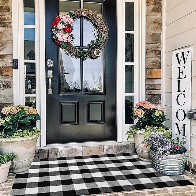 EARTHALL Buffalo Plaid Rug Outdoor 3'x 5' , Cotton Hand-Woven Checkered Door Mat, Washable Outdoor Rug Farmhouse/Front Porch/Living Room/Laundry Room/Bedroom (35.4''x59'')