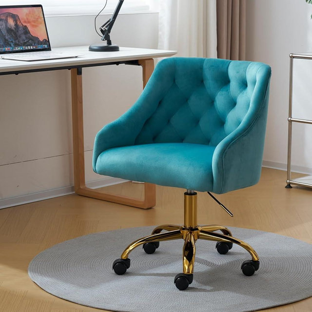 MOJAY Velvet Office Swivel Chair, Vanity Fabric Desk Pretty Fancy Gold Office Chairs for Girls, 360°Swivel Height Adjustable Reception Chair (Lake Blue)