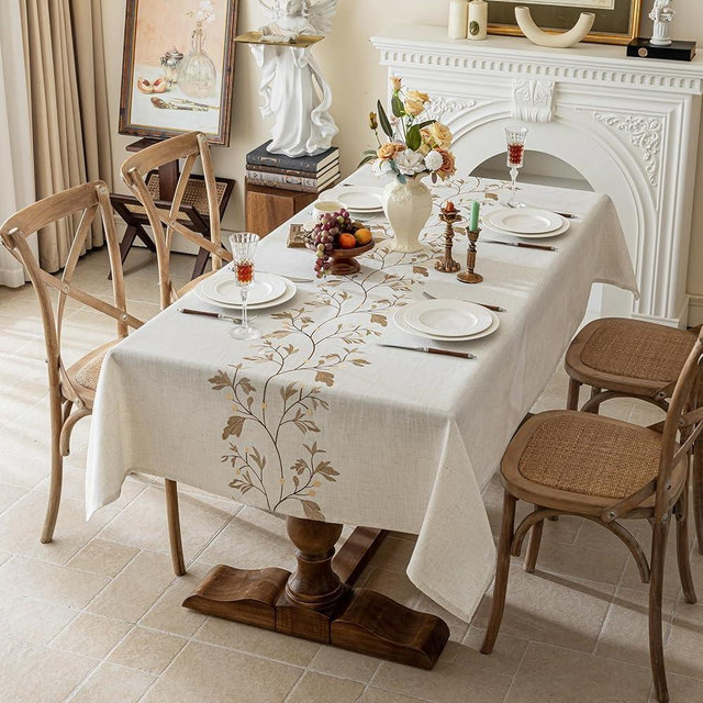 Joyfol Day Rustic Waterproof Linen Tablecloth, Heavy Weight Beige Embroidery Table Cloths for Rectangle Tables, Burlap Farmhouse Table Covers (Coffee Leaves, 55''x 102'')