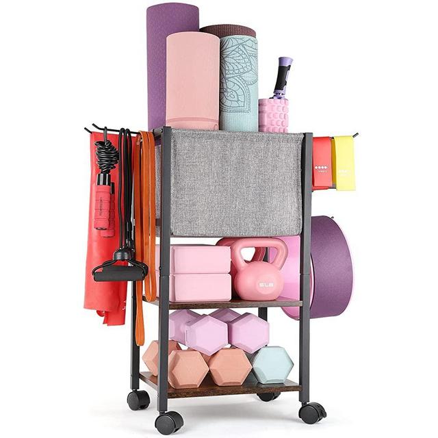 Yoga Mat Storage Rack Home Gym Equipment Workout Equipment Storage Organizer Yoga Mat Holder for Yoga Block,Foam Roller,Resistance Band,Dumbbell,Kettlebell and More Gym Accessories Gym Essentials Women Men Fitness Exercise Equipment Organization with Hooks Wheels