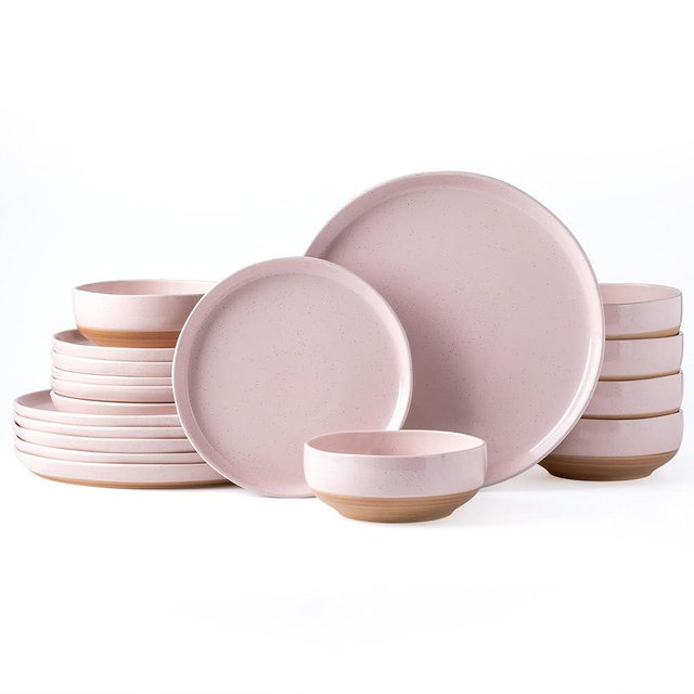 AmorArc Ceramic Dinnerware Sets for 4, 12 Pieces Handpainted Plates and Bowls Set with Rustic Terracotta Underside, Scratch Resistant Stoneware Dishes Set, Dishwasher & Microwave Safe, Cloud Pink