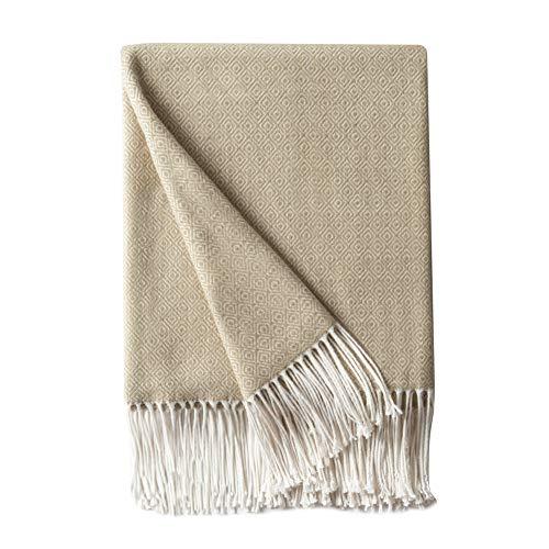 Bourina Decorative Diamond Lattice Faux Cashmere Fringe Throw Blanket Lightweight Soft Cozy for Bed or Sofa Farmhouse Outdoor Throw Blankets, 50" x 60", Beige