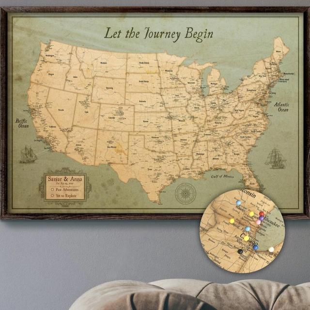 USA Travel Map Push Pin Large Rustic Style 24x36" or 24x16" | Customizable Pin Board Mounted on 3/16" Foam Board | Rustic Style Old Wall Map