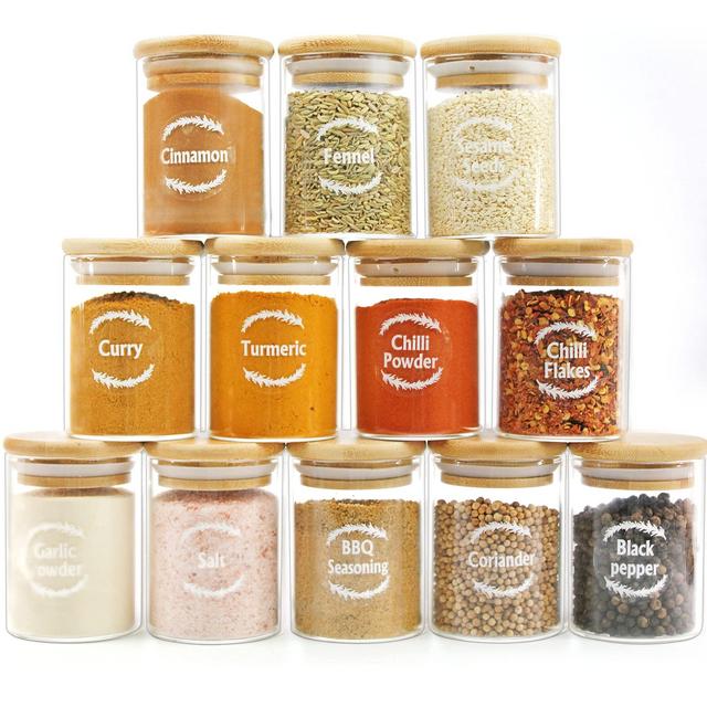 Glass Jar with Bamboo Lids Urban Green, Spice Jar Set with Labels, Glass Spice Jar bottles, Glass Canisters with Airtight Lids, Small Food Storage Containers for herbs, spices and dry food, Kitchen Pantry Organization (12 Sets of 6oz)