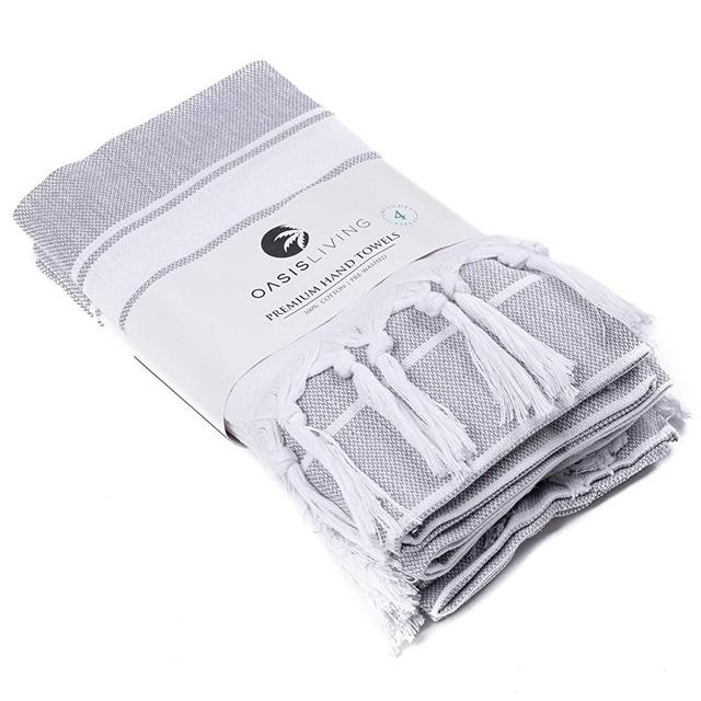 Oasis Living Turkish Style Hand Towel 100% Cotton | Set of 4 | Premium Towels for Kitchen, Bathroom, Gym, Face | Tea and Dishcloth (Grey)