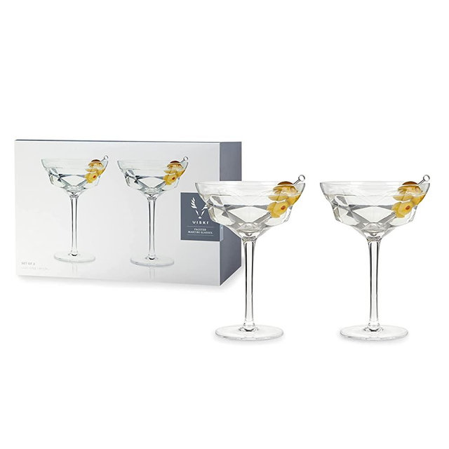 Viski Faceted Martini Glasses, Set of 2 Lead-Free Crystal Cocktail Coupes, 10 oz