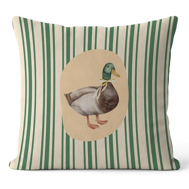 FGFK Rustic Mallard Duck Pillow Covers 18x18, Mallard Duck Nursery Decor, Green and Beige Striped Farm Animal Decorative Throw Pillow Covers for Kids Room Home Living Room Bedroom Sofa Couch