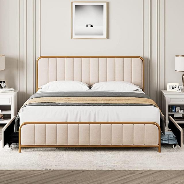 HITHOS Upholstered King Size Bed Frame with 4 Storage Drawers and Headboard, Heavy Duty Metal Mattress Foundation with Wooden Slats, Easy Assembly, No Box Spring Needed (Golden/Off White, King)