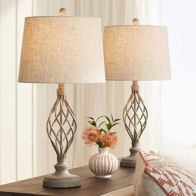 Annie Farmhouse Industrial Vintage Table Lamps 28" Tall Set of 2 Sand Iron Look Bronze Cream Tapered Drum Shade for Living Room Bedroom House Nightstand Home Decor - Franklin Iron Works