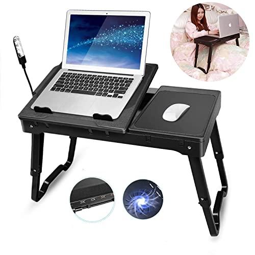 TeqHome Laptop Desk for Bed, Adjustable Laptop Bed Table with Fan, Portable Lap Desk with Foldable Legs, Laptop Stand for Couch Sofa Bed Tray with LED Light, 4 USB Ports, Storage, Mouse Pad