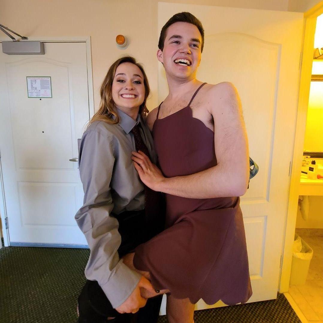 Alex lost a bet at a wedding cocktail hour, so we had to swap outfits. Doesn’t he look pretty? March 2020.