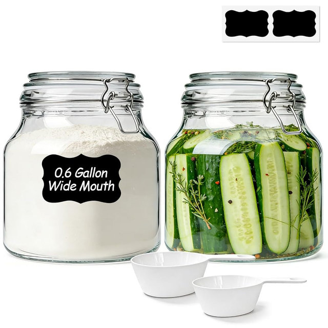 KTMAMA 0.6 Gallon 2 Pack Wide Mouth Glass Jars with Airtight Lid – Includes 1 Cup & 0.5 Cup Measuring Scoops & Labels, Ideal for Flour, Sugar, Coffee, Cereal, Rice & Dry Goods | Thick Glass, BPA-Free