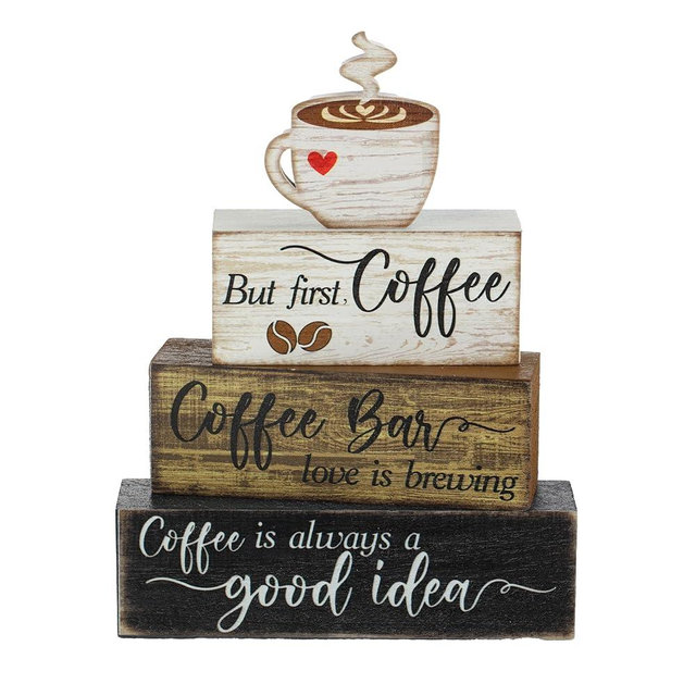 Moucuny 4 Pcs Wooden Coffee Bar Tabletop Decor Coffee Tiered Tray Decor Rustic Wood Bar Sign Gift Farmhouse Table Centerpiece Farmhouse Decorations for Home Kitchen