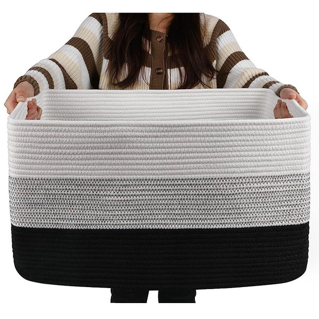 OIAHOMY Large Cotton Rope Basket, Rectangle Woven Baskets for Storage, Nursery Blanket Basket Living Room, Toy Basket With Handle, Large Baskets for Organizing-22”x17”x12”-Gradient Black