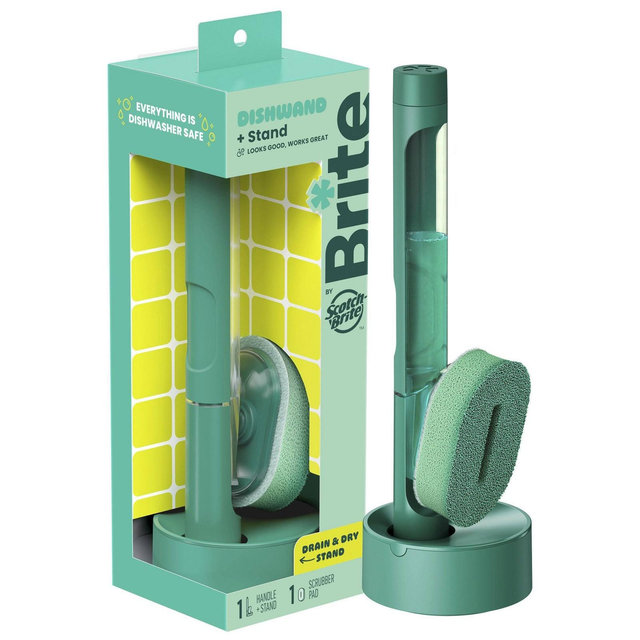 Brite by Scotch-Brite Fillable Dishwand with Built-in Soap Dispenser and Drain + Dry Stand: Foam Material, Plastic Handle, 11.75" Height