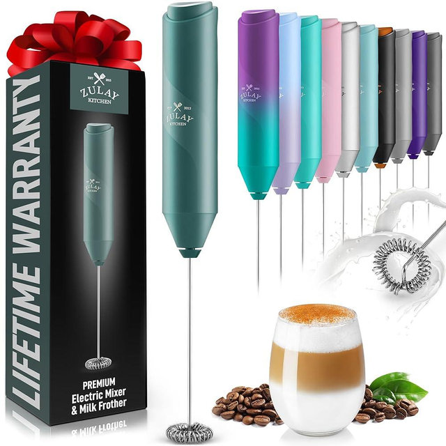 Zulay Kitchen Powerful Milk Frother Wand - Mini Milk Frother Handheld Stainless Steel - Battery Operated Drink Mixer for Coffee, Lattes, Cappuccino, Matcha - FrothMate Milk Frother Gift - Dark Green