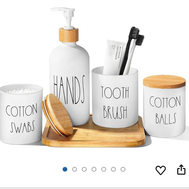 White Bathroom Accessories, 5 Pcs Glass Bathroom Accessory Set with Bamboo Tray, Soap Dispenser and Toothbrush Holder Set, Qtip and Cotton Ball Holder, Farmhouse Boho Bathroom Set Complete
