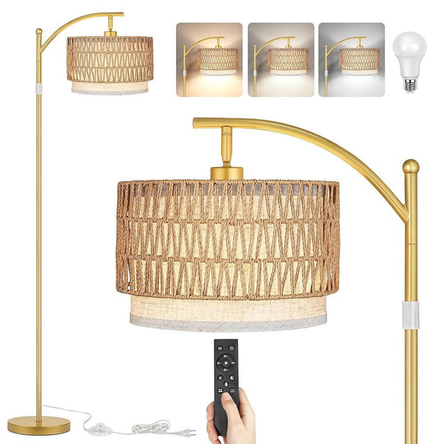 Rattan Floor Lamps for Living Room, Boho Standing Lamps with Rattan& Linen Double Shades, Arc Lamps Floor Standing with 9W Bulb, Foot Switch, Gold Bohemian Floor Lamps for Bedroom, Office-Drum