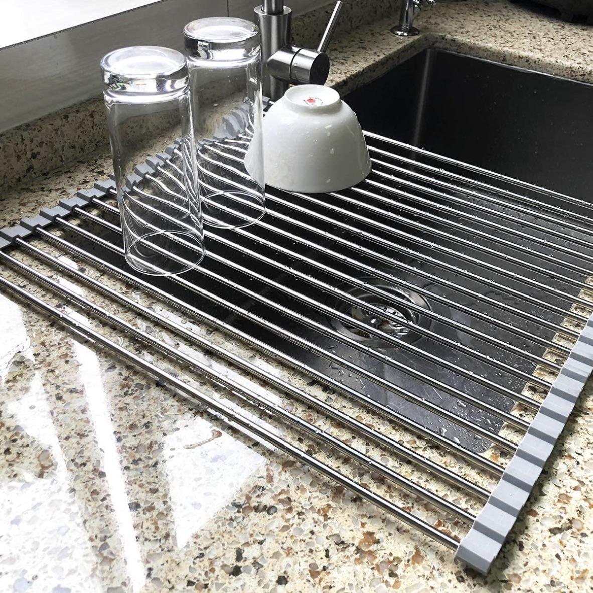 17.7" x 15.5" Large Dish Drying Rack, Attom Tech Home Roll Up Dish Racks Multipurpose Foldable Stainless Steel Over Sink Kitchen Drainer Rack for Cups Fruits Vegetables
