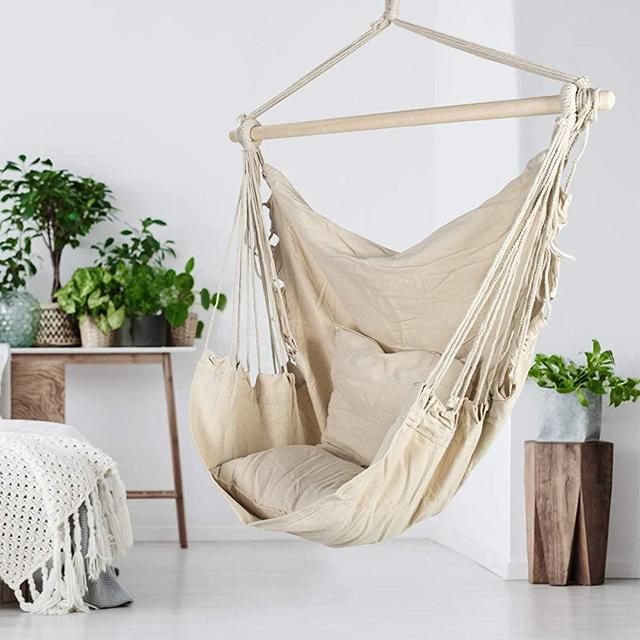 ASTEROUTDOOR Hammock Chair Hanging Rope Swing with 2 Cushions and Wood Spreader Bar for Indoor or Outdoor Use, Beige