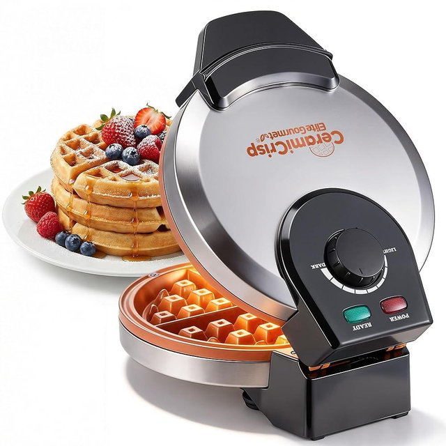 Elite Gourmet Belgian Waffle Maker with PFAS-Free CeramiCrisp™ Ceramic Nonstick Plates, Adjustable Browning Control, 1100W Heating, Power & Ready Indicator Lights, Vertical Storage, Stainless Steel