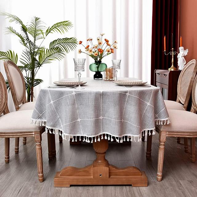 Monibana Plaid Farmhouse Gray Oval Tablecloth Cotton Linen Heavy Weight Checkered Table Covers Cloths for Dining Room Kitchen Tabletop Decoration, 60x84 Inch