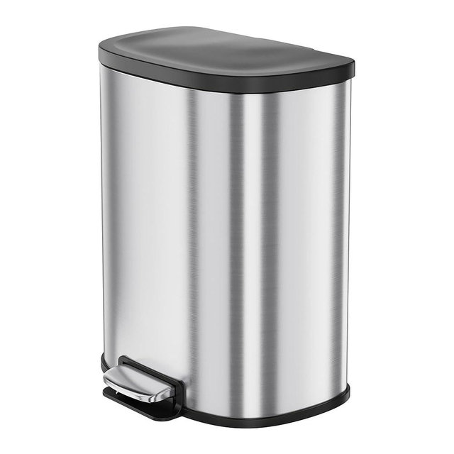 Garvee Stainless Steel Trash Can, 50 L/13 gal Hands Free Garbage Can with Soft Close Lid and Foot Pedal, Metal Kitchen Waste Bin with Inner Bucket for Living Room, Office, D Shape, Silver