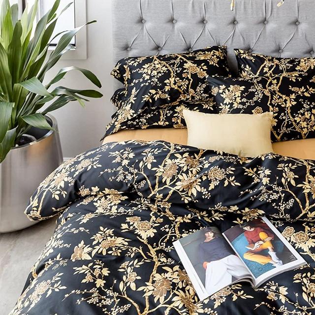 Eastern Floral Chinoiserie Blossom Print Duvet Quilt Cover Navy Blue Tan White Asian Style Botanical Tree Branches Ornamental Drawing 400TC Egyptian Cotton 3pc Bedding Set (Queen, Black)