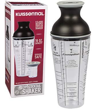 Recipe Cocktail Shaker, 16oz, Includes 6 Mixed Drink Recipes Jigger, Strainer