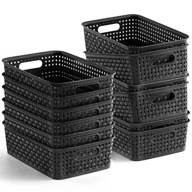 [ 12 Pack ] Plastic Storage Baskets - Small Pantry Organization and Storage Bins - Household Organizers for Laundry Room, Bathrooms, Kitchens, Cabinets, Countertop, Under Sink or On Shelves - Black